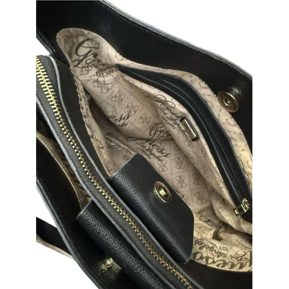 GUESS Black Tonal Logo Monogram Tote Gold Chain Shoulder Bag Charm Y2K